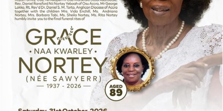 Funeral invitation for veteran Ghanaian actress Grace Naa Kwarley Nortey, 1937–2026, showing her portrait and the State House burial service date