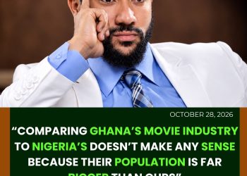 Actor Majid Michel with a quote saying comparing Ghana's movie industry to Nigeria's doesn't make sense