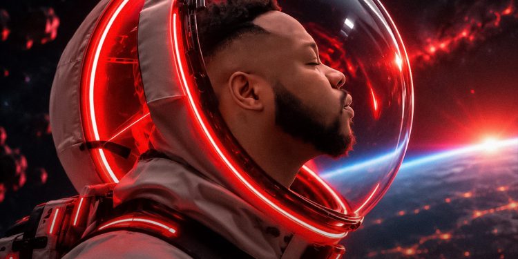 Medikal's Spaceship album cover art showing him in a spacesuit with a red neon-lit helmet above Earth