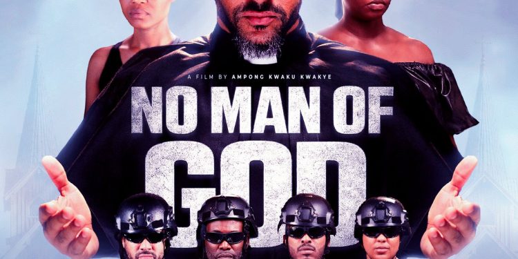 Official poster for No Man of God showing Majid Michel in a clerical collar above armed soldiers, with Bukom Boxing Arena premiere dates of 13 to 15 November 2026